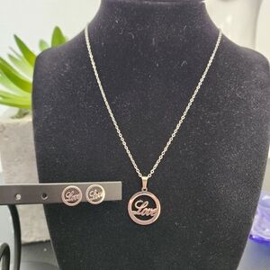 Silver Steel Love Charm Pendant Necklace and Matching Stud Earrings Set New